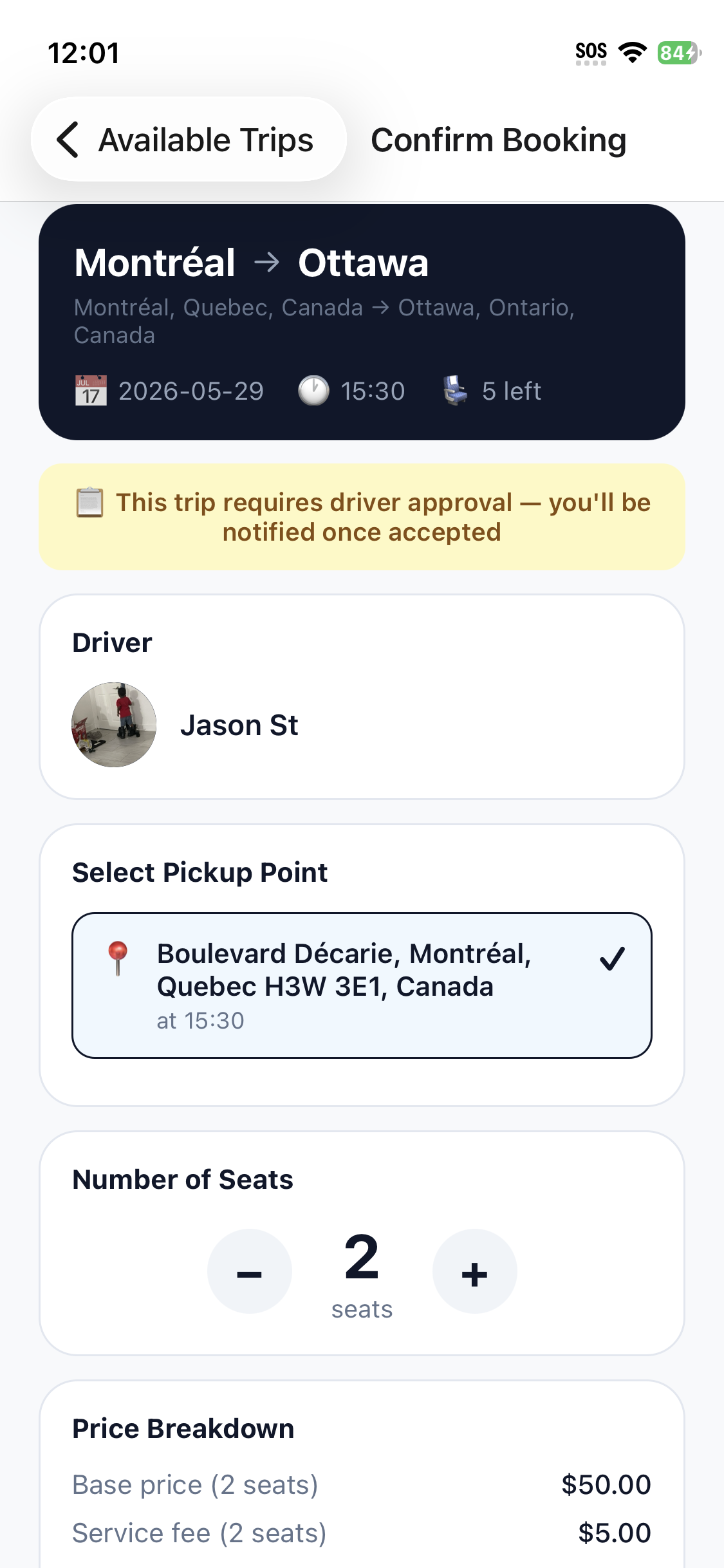 Booking screen