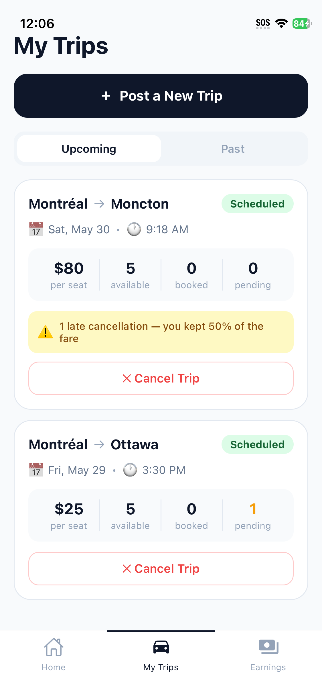 My Trips screen